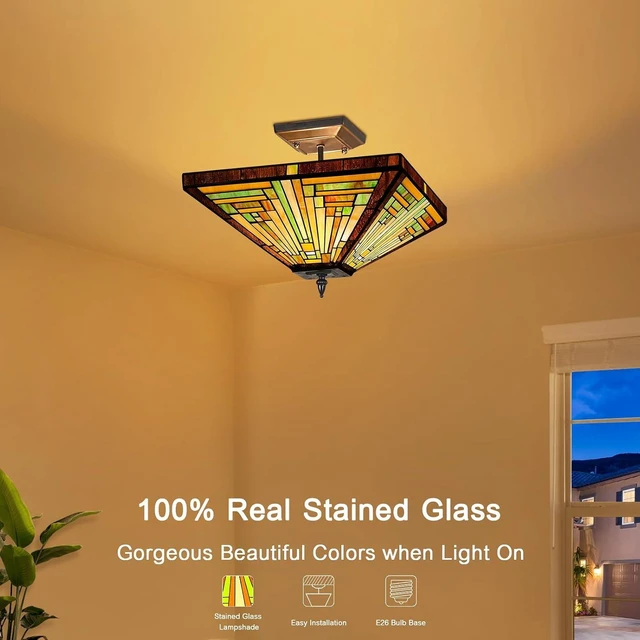 Alt view image 6 of 7 - Capulina Tiffany Lamp Amber Brown Stained Glass Ceiling Light 2-Light