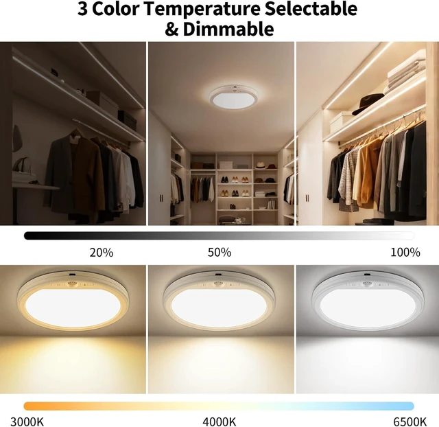 Alt view image 4 of 7 - 2PCS 7" Rechargeable Motion Sensor Ceiling Light, 750LM Magnetic Wireless LED Light with Remote, IP44 Waterproof Battery Operated Ceiling Light for Closet Shower Stairs Hallway Garage Porch Pantry