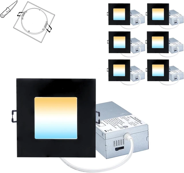 Main image of POPANU Recessed Lighting 4-inch Square-LED - Canless Recessed Light Fixture, Dimmable Ceilling Light with Junction Box, 2700|3000|3500|4000|5000K, 9W, Black, 6P