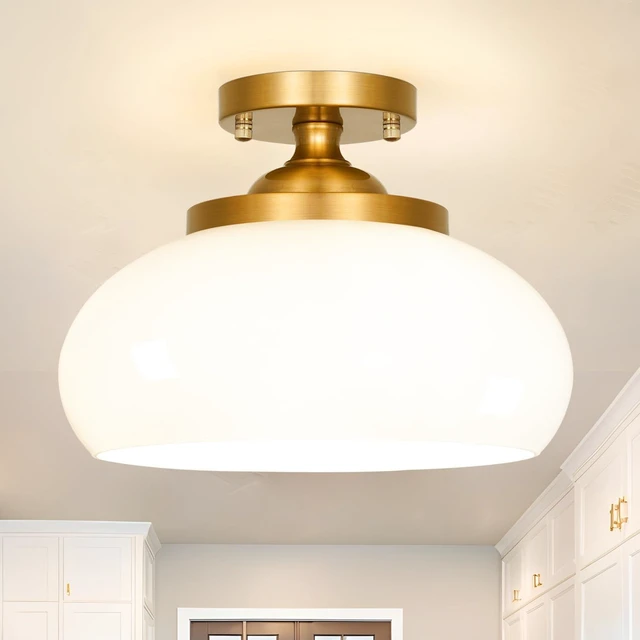 Main image of Mid-Century Gold Ceiling Light with Hand-Blown Milk Glass Shade - 12 Inch Semi Flush Mount Light Fixture for Hallway, Kitchen & Bedroom - 3 Light E12 Sockets for Even Illumination & Easy Installation