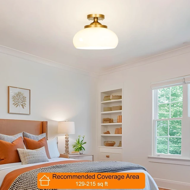 Alt view image 5 of 7 - Mid-Century Gold Ceiling Light with Hand-Blown Milk Glass Shade - 12 Inch Semi Flush Mount Light Fixture for Hallway, Kitchen & Bedroom - 3 Light E12 Sockets for Even Illumination & Easy Installation