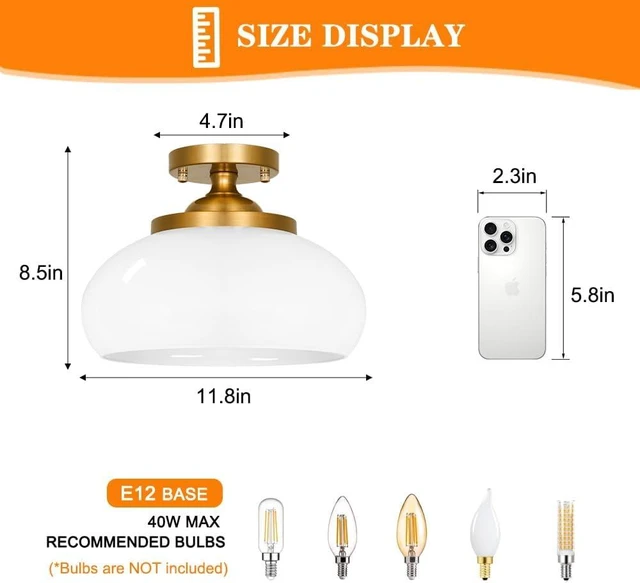 Alt view image 3 of 7 - Mid-Century Gold Ceiling Light with Hand-Blown Milk Glass Shade - 12 Inch Semi Flush Mount Light Fixture for Hallway, Kitchen & Bedroom - 3 Light E12 Sockets for Even Illumination & Easy Installation