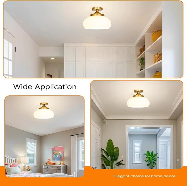 Alt view image 4 of 7 - Mid-Century Gold Ceiling Light with Hand-Blown Milk Glass Shade - 12 Inch Semi Flush Mount Light Fixture for Hallway, Kitchen & Bedroom - 3 Light E12 Sockets for Even Illumination & Easy Installation