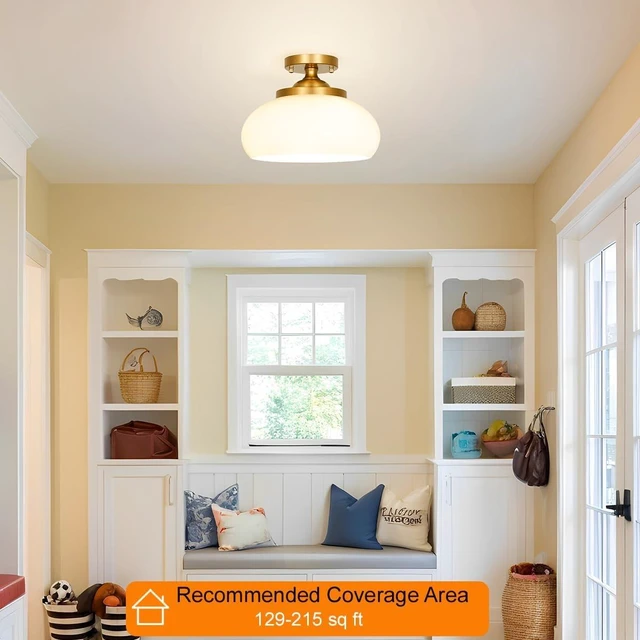 Alt view image 2 of 7 - Mid-Century Gold Ceiling Light with Hand-Blown Milk Glass Shade - 12 Inch Semi Flush Mount Light Fixture for Hallway, Kitchen & Bedroom - 3 Light E12 Sockets for Even Illumination & Easy Installation