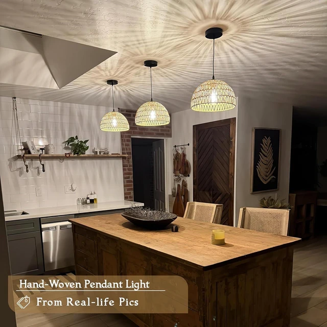 Alt view image 2 of 7 - Hemp Rope Woven Pendant Light Woven Light Fixture Boho Chandelier Light Fixture Wicker Pendant Lights Rattan Lights Pendant Dome Wicker Chandelier for Dining Room Kitchen Island(Bulb Incl.