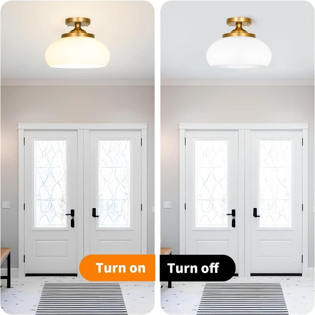 Alt view image 7 of 7 - Mid-Century Gold Ceiling Light with Hand-Blown Milk Glass Shade - 12 Inch Semi Flush Mount Light Fixture for Hallway, Kitchen & Bedroom - 3 Light E12 Sockets for Even Illumination & Easy Installation