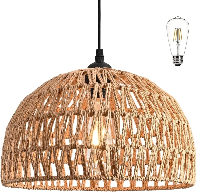 Main image of Hemp Rope Woven Pendant Light Woven Light Fixture Boho Chandelier Light Fixture Wicker Pendant Lights Rattan Lights Pendant Dome Wicker Chandelier for Dining Room Kitchen Island(Bulb Incl.