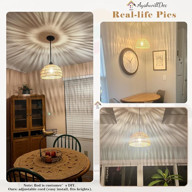 Alt view image 3 of 7 - Hemp Rope Woven Pendant Light Woven Light Fixture Boho Chandelier Light Fixture Wicker Pendant Lights Rattan Lights Pendant Dome Wicker Chandelier for Dining Room Kitchen Island(Bulb Incl.