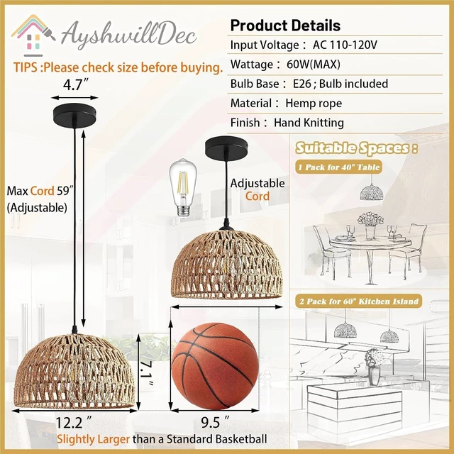 Alt view image 4 of 7 - Hemp Rope Woven Pendant Light Woven Light Fixture Boho Chandelier Light Fixture Wicker Pendant Lights Rattan Lights Pendant Dome Wicker Chandelier for Dining Room Kitchen Island(Bulb Incl.