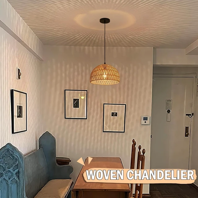 Alt view image 6 of 7 - Hemp Rope Woven Pendant Light Woven Light Fixture Boho Chandelier Light Fixture Wicker Pendant Lights Rattan Lights Pendant Dome Wicker Chandelier for Dining Room Kitchen Island(Bulb Incl.