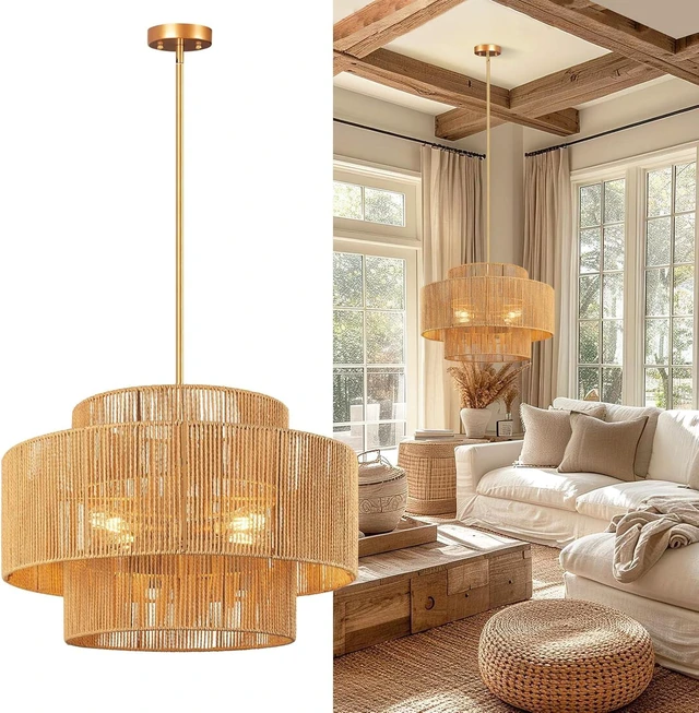 Main image of 24'' Boho Rattan Chandelier, 4-Light Hand-Woven Wicker Pendant Lamp, Rustic Modern Ceiling Light Fixture for Dining Room, Kitchen Island, Living Room, Bedroom, Foyer, Entryway, Over Table