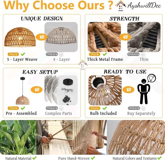 Alt view image 7 of 7 - Hemp Rope Woven Pendant Light Woven Light Fixture Boho Chandelier Light Fixture Wicker Pendant Lights Rattan Lights Pendant Dome Wicker Chandelier for Dining Room Kitchen Island(Bulb Incl.