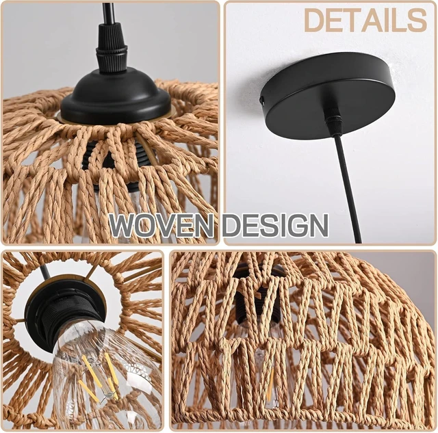 Alt view image 5 of 7 - Hemp Rope Woven Pendant Light Woven Light Fixture Boho Chandelier Light Fixture Wicker Pendant Lights Rattan Lights Pendant Dome Wicker Chandelier for Dining Room Kitchen Island(Bulb Incl.