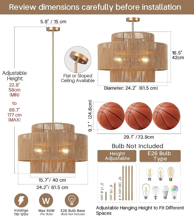 Alt view image 5 of 7 - 24'' Boho Rattan Chandelier, 4-Light Hand-Woven Wicker Pendant Lamp, Rustic Modern Ceiling Light Fixture for Dining Room, Kitchen Island, Living Room, Bedroom, Foyer, Entryway, Over Table