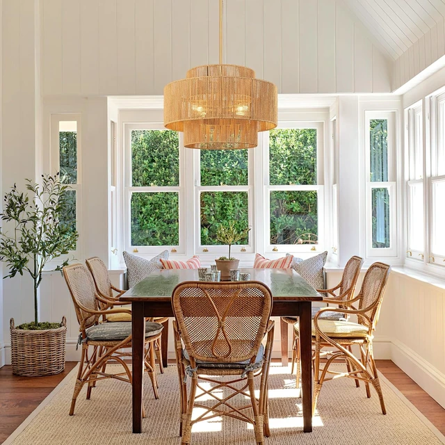 Alt view image 2 of 7 - 24'' Boho Rattan Chandelier, 4-Light Hand-Woven Wicker Pendant Lamp, Rustic Modern Ceiling Light Fixture for Dining Room, Kitchen Island, Living Room, Bedroom, Foyer, Entryway, Over Table