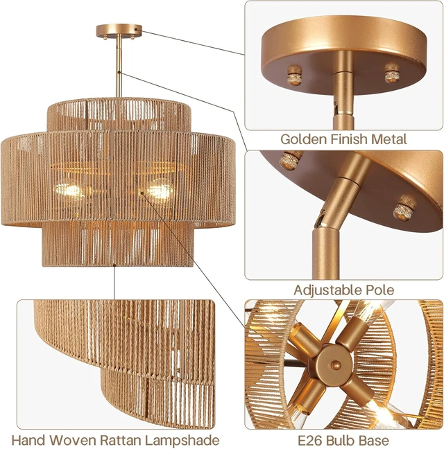 Alt view image 7 of 7 - 24'' Boho Rattan Chandelier, 4-Light Hand-Woven Wicker Pendant Lamp, Rustic Modern Ceiling Light Fixture for Dining Room, Kitchen Island, Living Room, Bedroom, Foyer, Entryway, Over Table