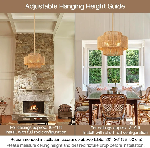 Alt view image 6 of 7 - 24'' Boho Rattan Chandelier, 4-Light Hand-Woven Wicker Pendant Lamp, Rustic Modern Ceiling Light Fixture for Dining Room, Kitchen Island, Living Room, Bedroom, Foyer, Entryway, Over Table