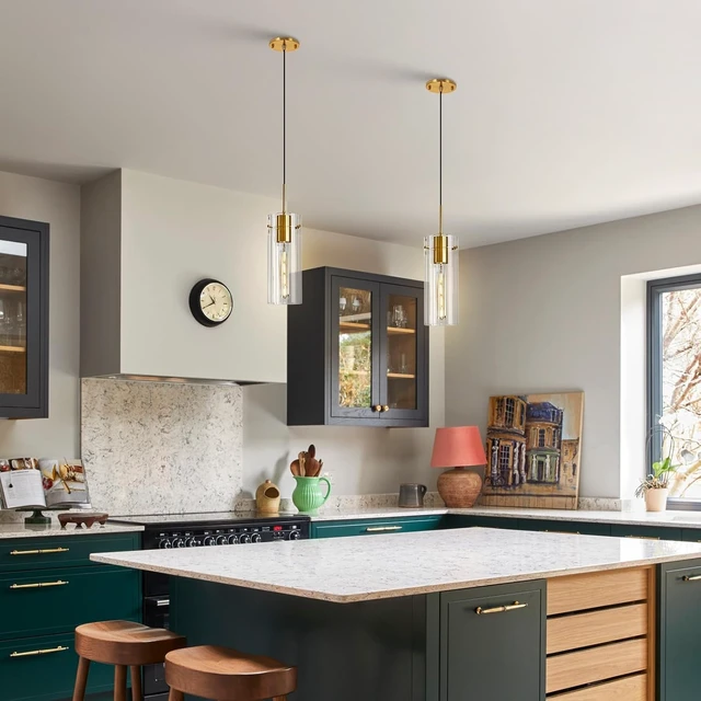 Alt view image 2 of 7 - Modern Gold Pendant Light Kitchen Island, 4.7" Striped Glass Shade