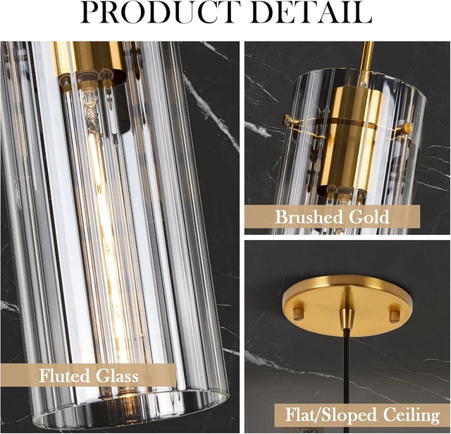 Alt view image 4 of 7 - Modern Gold Pendant Light Kitchen Island, 4.7" Striped Glass Shade