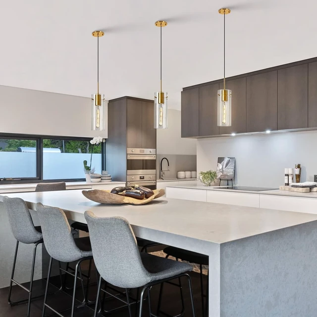Alt view image 6 of 7 - Modern Gold Pendant Light Kitchen Island, 4.7" Striped Glass Shade
