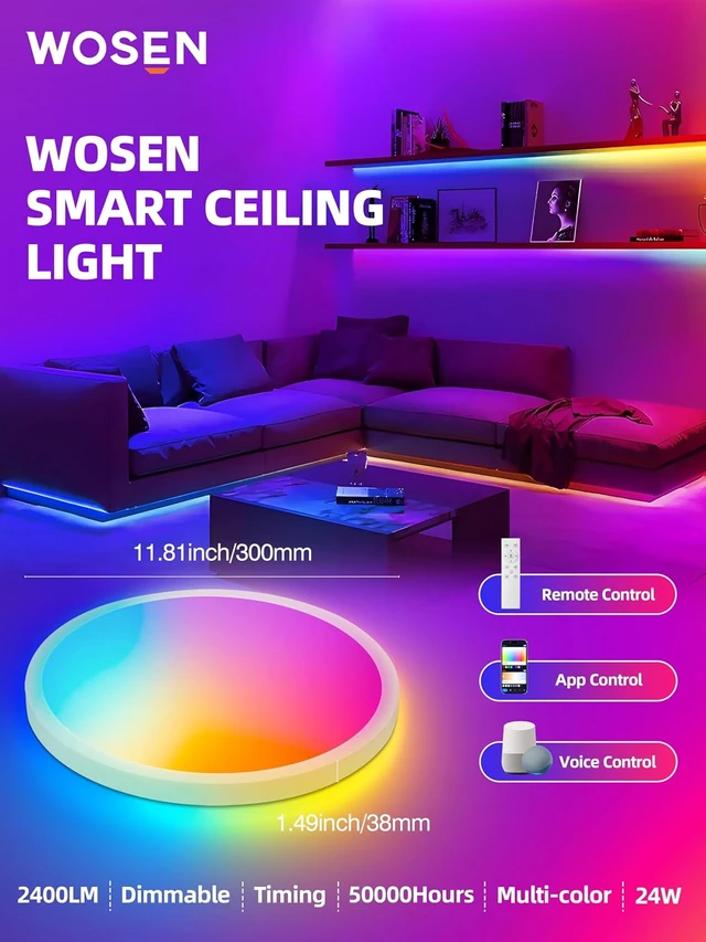 Alt view image 2 of 6 - 2 Pack 12 Inch Smart Ceiling Light Fixture, RGB LED Flush Mount Ceiling Light with Night Light, 24W 2400LM Ultra-Slim Ceiling Light with Remote, 16 Million DIY Colors, Works with Alexa/Google Home