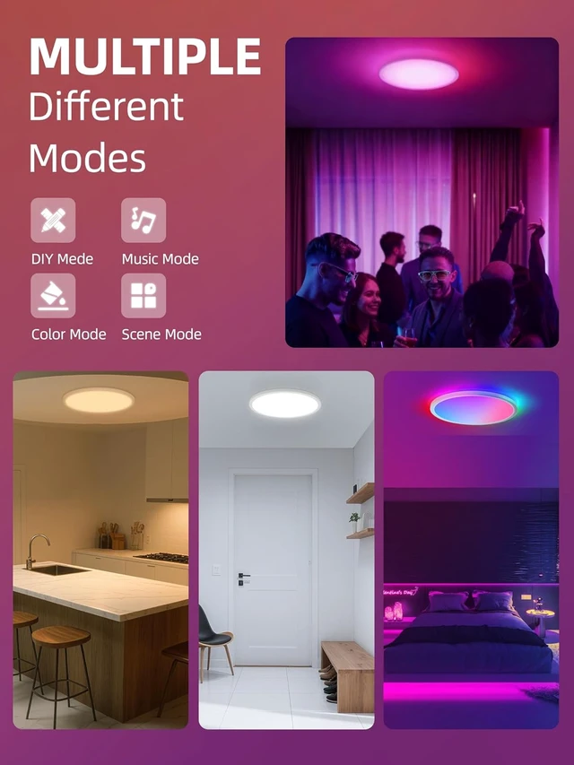 Alt view image 5 of 6 - 2 Pack 12 Inch Smart Ceiling Light Fixture, RGB LED Flush Mount Ceiling Light with Night Light, 24W 2400LM Ultra-Slim Ceiling Light with Remote, 16 Million DIY Colors, Works with Alexa/Google Home