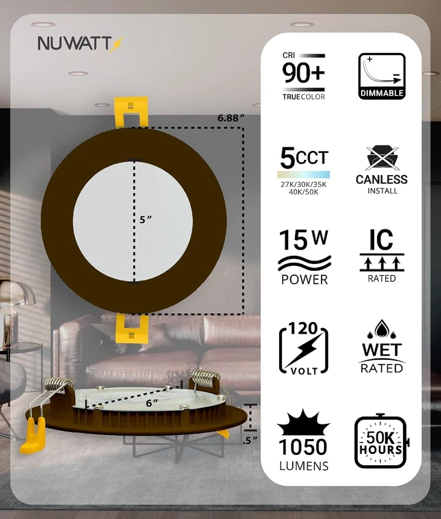Alt view image 2 of 7 - NUWATT Canless 6 inch Bronze Recessed Lighting, 5CCT 2700K-5000K, ETL, 6 PK