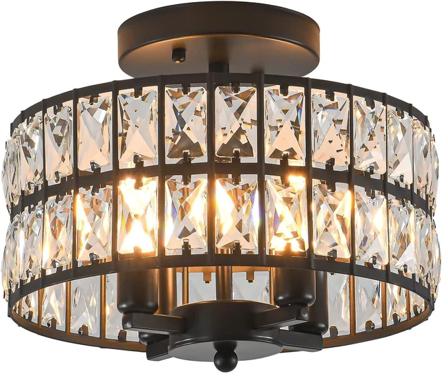 Alt view image 2 of 7 - SeeU Modern Crystal Chandelier Black Flush Mount Pendant Lighting 12.6'' Ceiling Light Fixture for Bathroom Bedroom Hallway