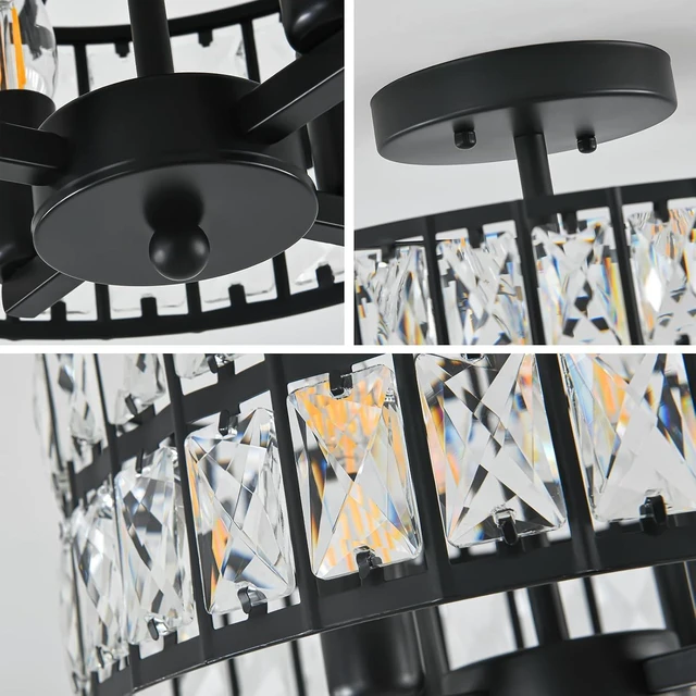 Alt view image 4 of 7 - SeeU Modern Crystal Chandelier Black Flush Mount Pendant Lighting 12.6'' Ceiling Light Fixture for Bathroom Bedroom Hallway