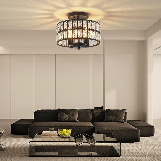 Alt view image 5 of 7 - SeeU Modern Crystal Chandelier Black Flush Mount Pendant Lighting 12.6'' Ceiling Light Fixture for Bathroom Bedroom Hallway
