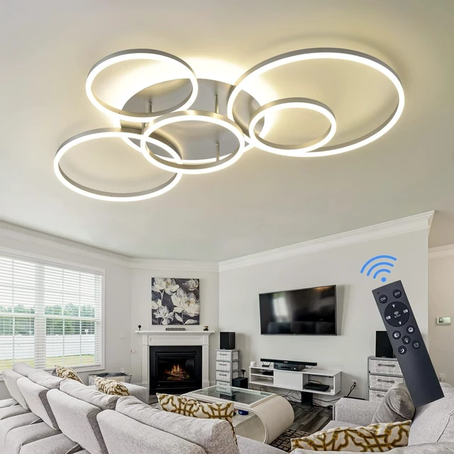 Main image of Modern LED Ceiling Light Silver Dimmable 5 Rings Flush Mount Ceiling Light Fixtures with Remote Control 106W 10000LM Ceiling Lighting for Living Room Bedroom Kitchen Dining Room 3000-6000K
