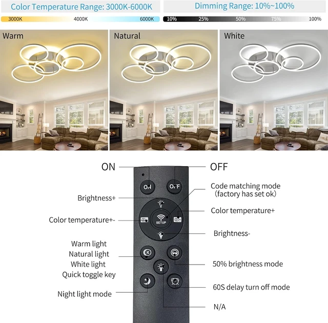 Alt view image 2 of 6 - Modern LED Ceiling Light Silver Dimmable 5 Rings Flush Mount Ceiling Light Fixtures with Remote Control 106W 10000LM Ceiling Lighting for Living Room Bedroom Kitchen Dining Room 3000-6000K