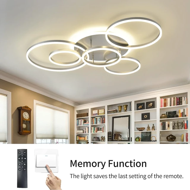 Alt view image 3 of 6 - Modern LED Ceiling Light Silver Dimmable 5 Rings Flush Mount Ceiling Light Fixtures with Remote Control 106W 10000LM Ceiling Lighting for Living Room Bedroom Kitchen Dining Room 3000-6000K