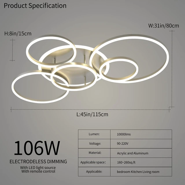 Alt view image 6 of 6 - Modern LED Ceiling Light Silver Dimmable 5 Rings Flush Mount Ceiling Light Fixtures with Remote Control 106W 10000LM Ceiling Lighting for Living Room Bedroom Kitchen Dining Room 3000-6000K