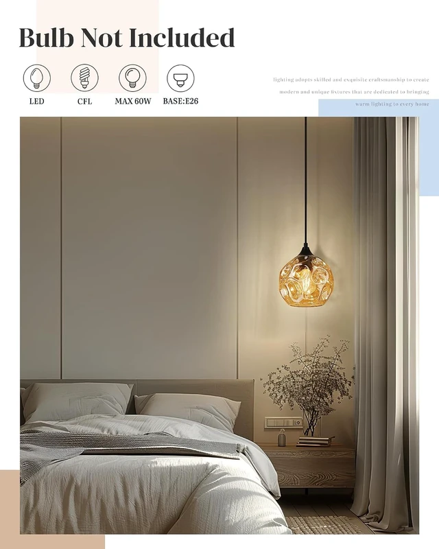Alt view image 2 of 6 - Emliviar 7 Inch Adjustable Mini Chandelier, Round Ceiling Pendant Lighting Fixture with Hammered Glass, Amber Finish, DYE287G2-MIL BK