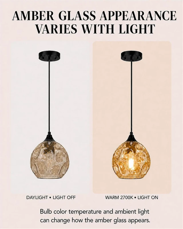 Alt view image 3 of 6 - Emliviar 7 Inch Adjustable Mini Chandelier, Round Ceiling Pendant Lighting Fixture with Hammered Glass, Amber Finish, DYE287G2-MIL BK