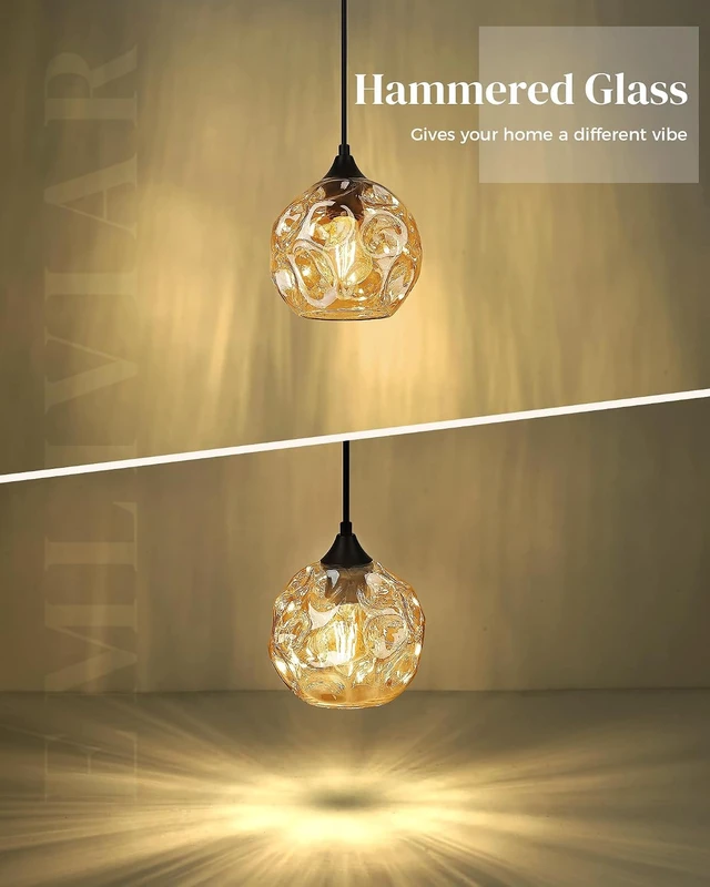 Alt view image 4 of 6 - Emliviar 7 Inch Adjustable Mini Chandelier, Round Ceiling Pendant Lighting Fixture with Hammered Glass, Amber Finish, DYE287G2-MIL BK