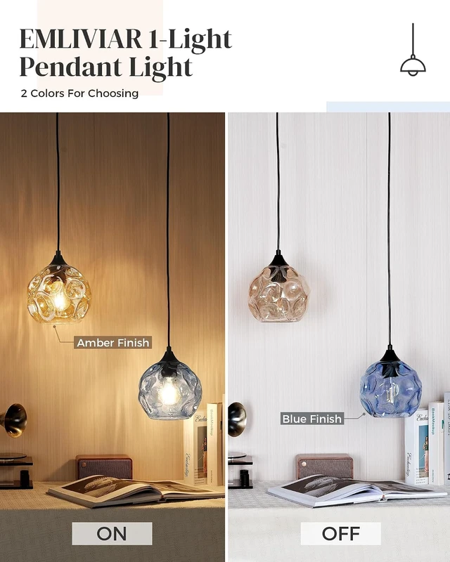 Alt view image 5 of 6 - Emliviar 7 Inch Adjustable Mini Chandelier, Round Ceiling Pendant Lighting Fixture with Hammered Glass, Amber Finish, DYE287G2-MIL BK