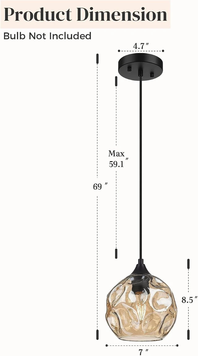 Alt view image 6 of 6 - Emliviar 7 Inch Adjustable Mini Chandelier, Round Ceiling Pendant Lighting Fixture with Hammered Glass, Amber Finish, DYE287G2-MIL BK