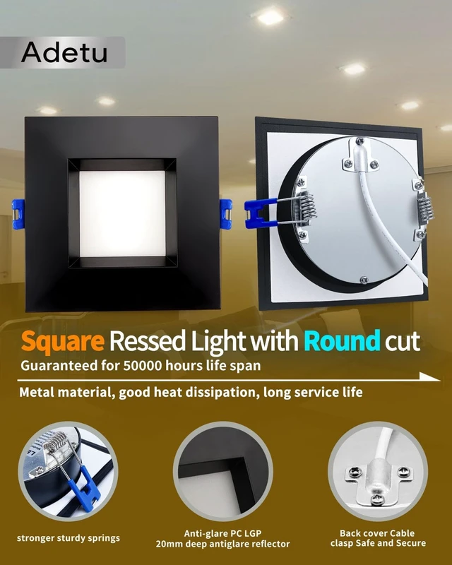 Alt view image 2 of 7 - Adetu 6 Pack 4 Inch Black Anti-Glare LED Downlight, Ceiling Light, Square