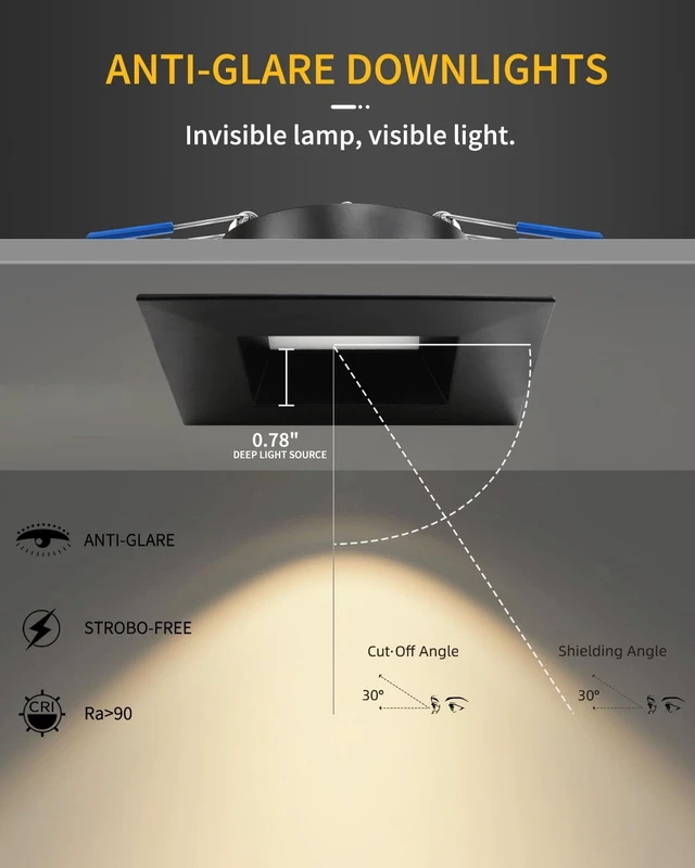 Alt view image 7 of 7 - Adetu 6 Pack 4 Inch Black Anti-Glare LED Downlight, Ceiling Light, Square