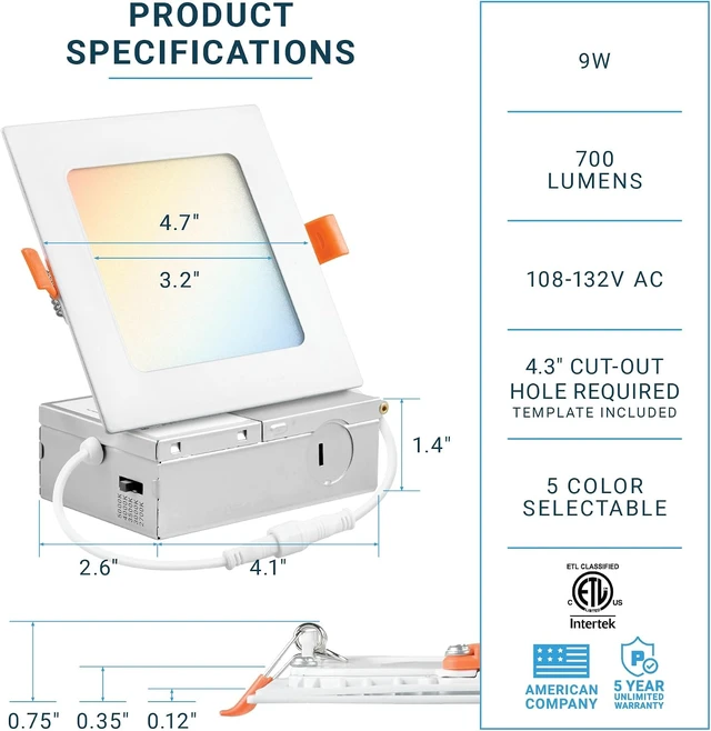 Alt view image 2 of 7 - PARMIDA (12 Pack) 4 Inch Square 5CCT Ultra Thin LED Recessed Lighting with Junction Box, 2700K/3000K/3500K/4000K/5000K 5 Color Selectable, 9W, Dimmable, Canless Wafer Slim Panel Lights, IC Rated, ETL