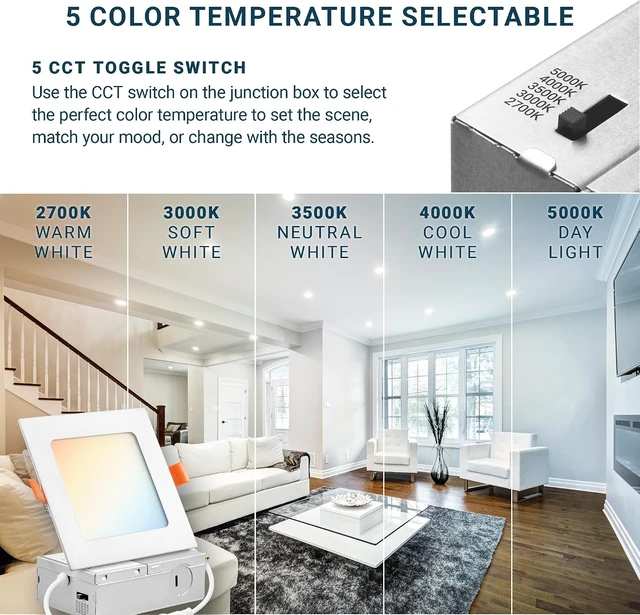 Alt view image 3 of 7 - PARMIDA (12 Pack) 4 Inch Square 5CCT Ultra Thin LED Recessed Lighting with Junction Box, 2700K/3000K/3500K/4000K/5000K 5 Color Selectable, 9W, Dimmable, Canless Wafer Slim Panel Lights, IC Rated, ETL