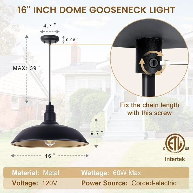 Alt view image 7 of 7 - Farmhouse Pendant Light with 16 Inch Dome for Outdoor and Indoor Use, Barn Style Hanging Light for Kitchen Dining Room, Matte Black Exterior Ceiling Lights, Adjustable Height