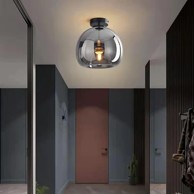 Alt view image 2 of 5 - Nordic Mid Century Corridor Globe Semi Flush Mount Ceiling Light Fixture Amber Smoke Grey Glass Ceiling Lighting Simple Mini Ceiling Lamp for Aisle Porch Stairway Closet Kitchen