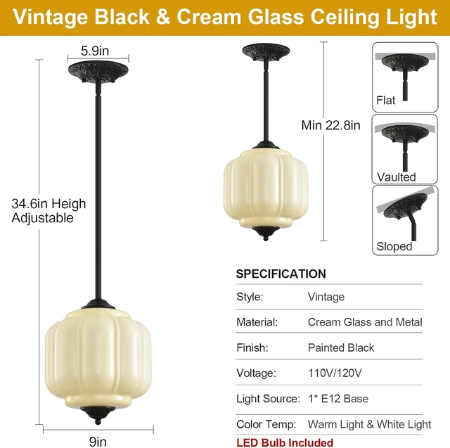 Alt view image 6 of 7 - 9in Cream Glass Schoolhouse Light Fixture Vintage, Bulb Included