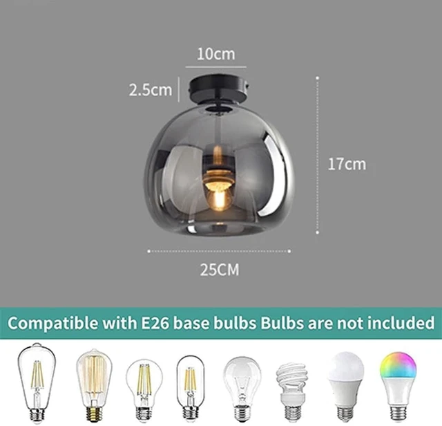 Alt view image 5 of 5 - Nordic Mid Century Corridor Globe Semi Flush Mount Ceiling Light Fixture Amber Smoke Grey Glass Ceiling Lighting Simple Mini Ceiling Lamp for Aisle Porch Stairway Closet Kitchen