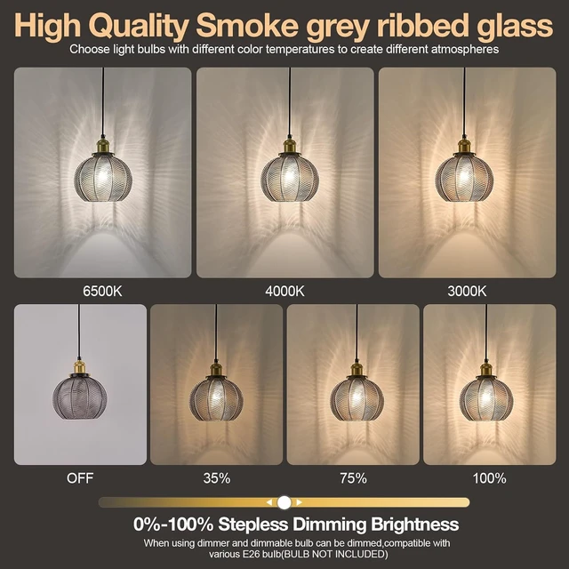 Alt view image 5 of 7 - Dia 7.8" Vintage Smoke Gray Ribbed Glass Pendant Light Fixture, E26