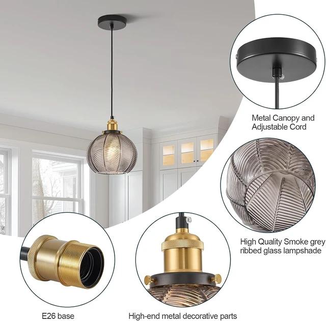 Alt view image 7 of 7 - Dia 7.8" Vintage Smoke Gray Ribbed Glass Pendant Light Fixture, E26