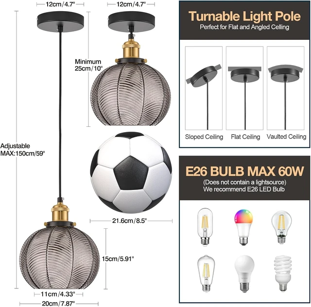 Alt view image 6 of 7 - Dia 7.8" Vintage Smoke Gray Ribbed Glass Pendant Light Fixture, E26